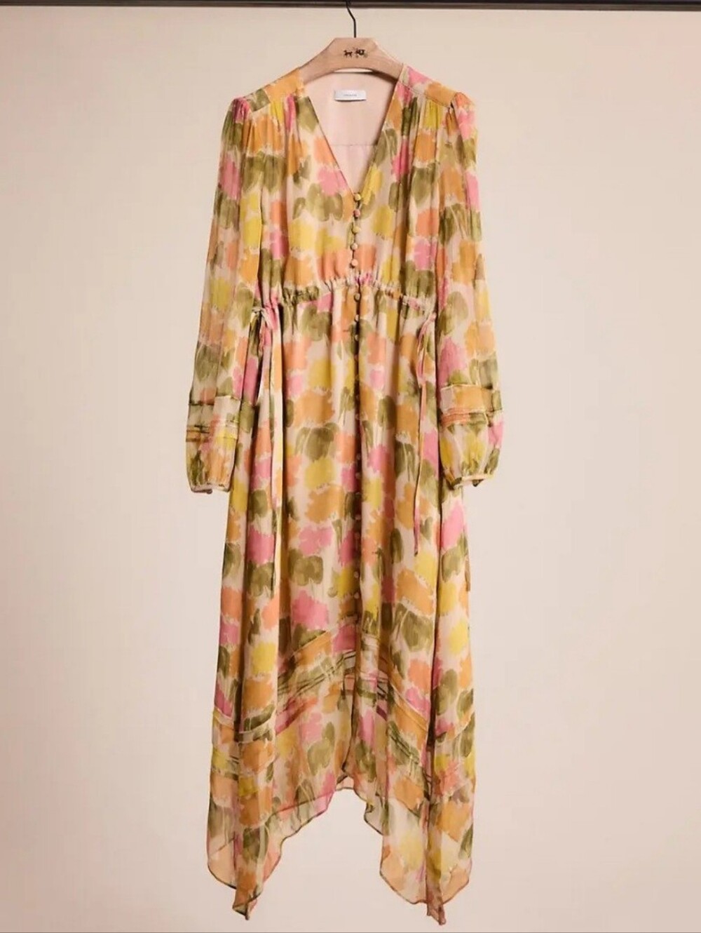 COACH 100% SILKFloral Watercolor Long Sleeve Midi Dress in Pink, Yellow & Green